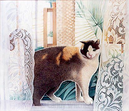 Cat with Lace Curtains II by Candy Witcher